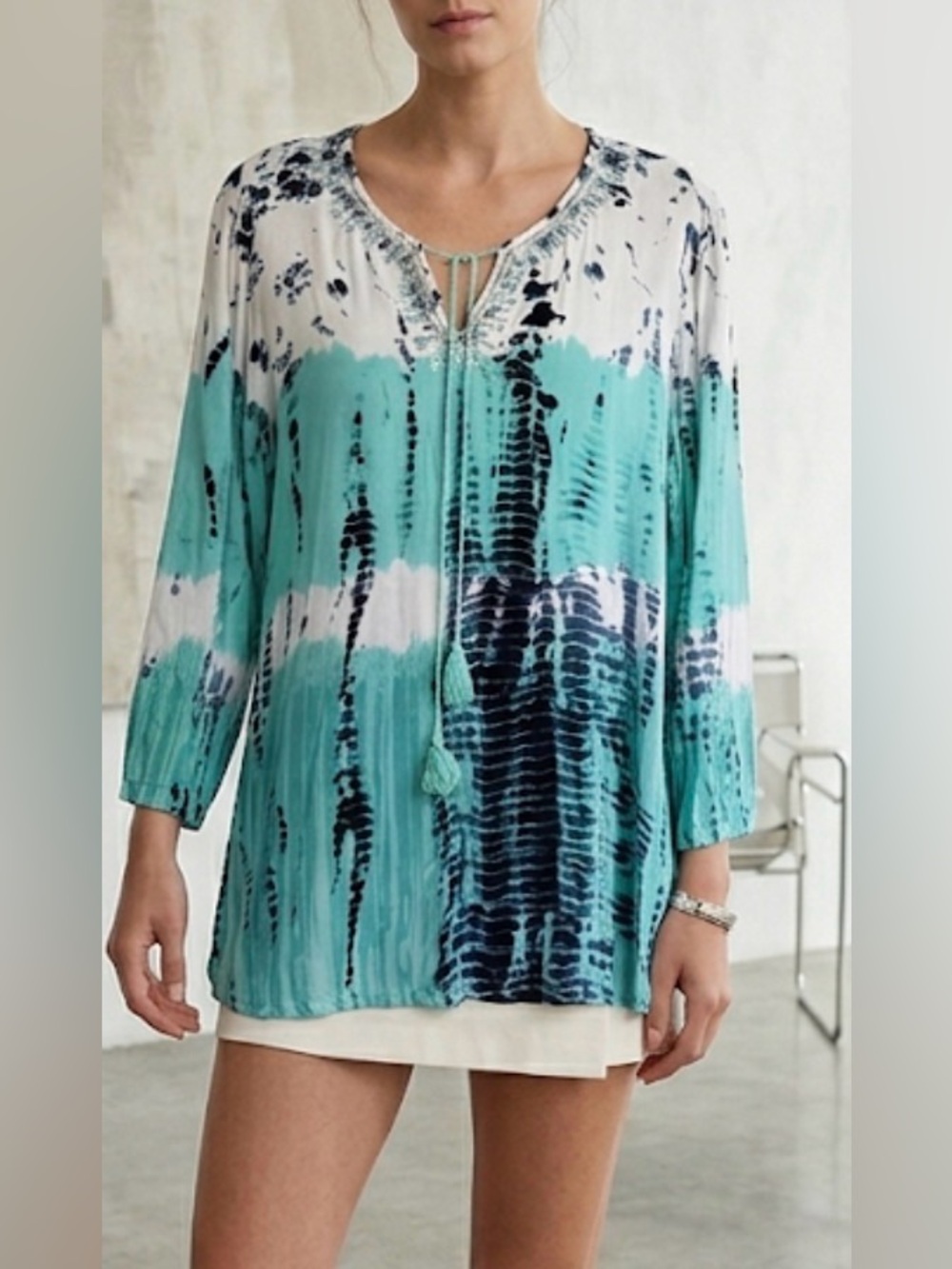 dressbarn Turquoise Tie-Dye Peasant Top XL viscose tunic seacore summer boho